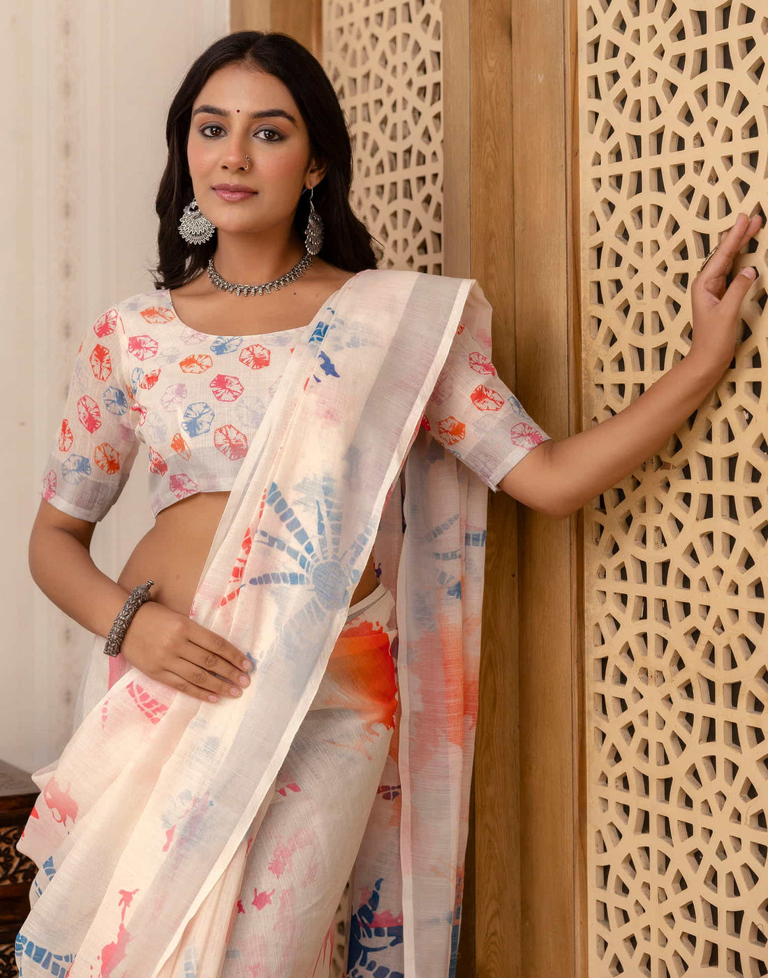 Off White Cotton Printed Saree