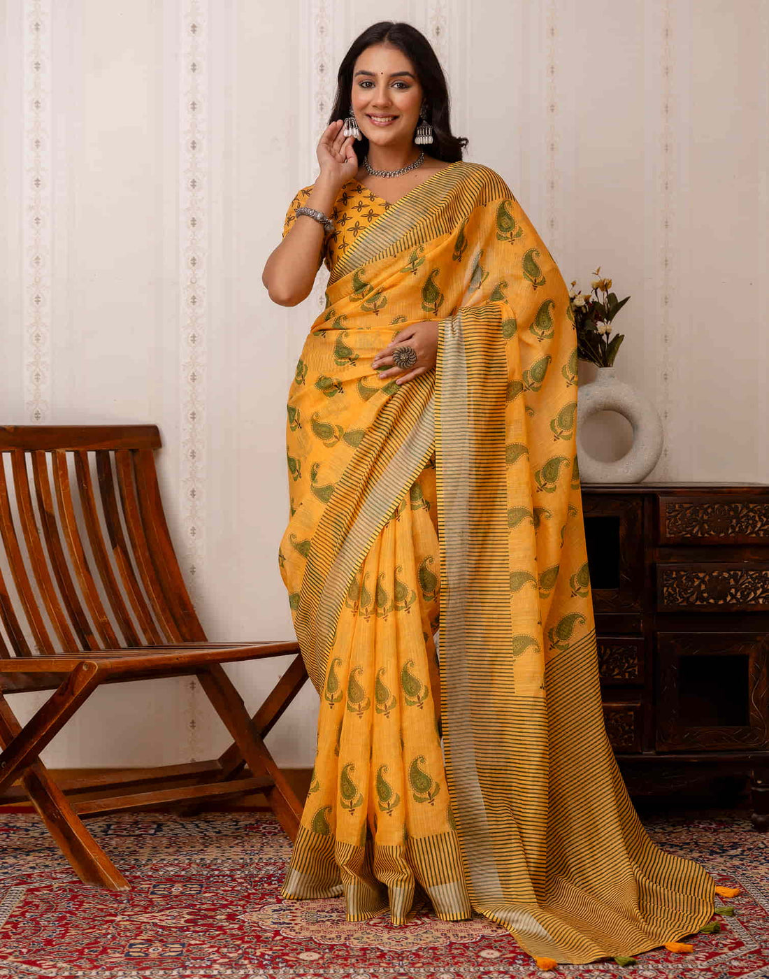 Yellow Cotton Printed Saree