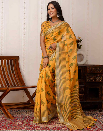 Yellow Cotton Printed Saree