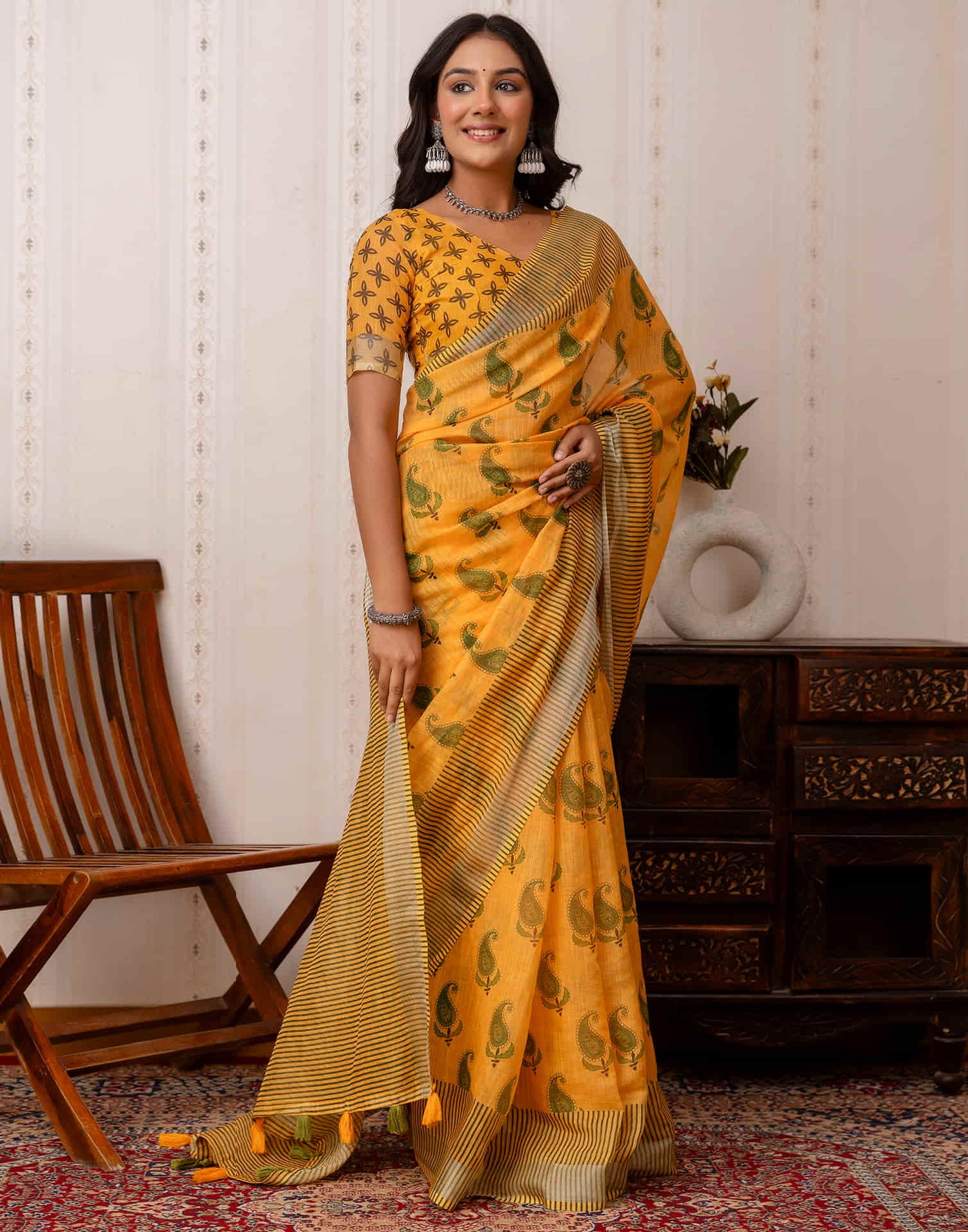 Yellow Cotton Printed Saree