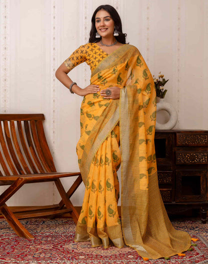 Yellow Cotton Printed Saree