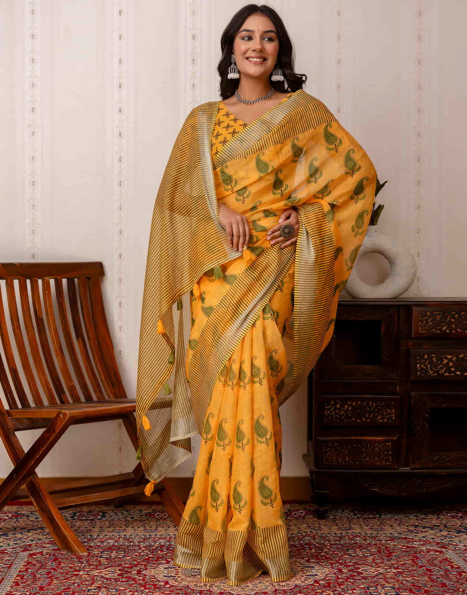 Yellow Cotton Printed Saree