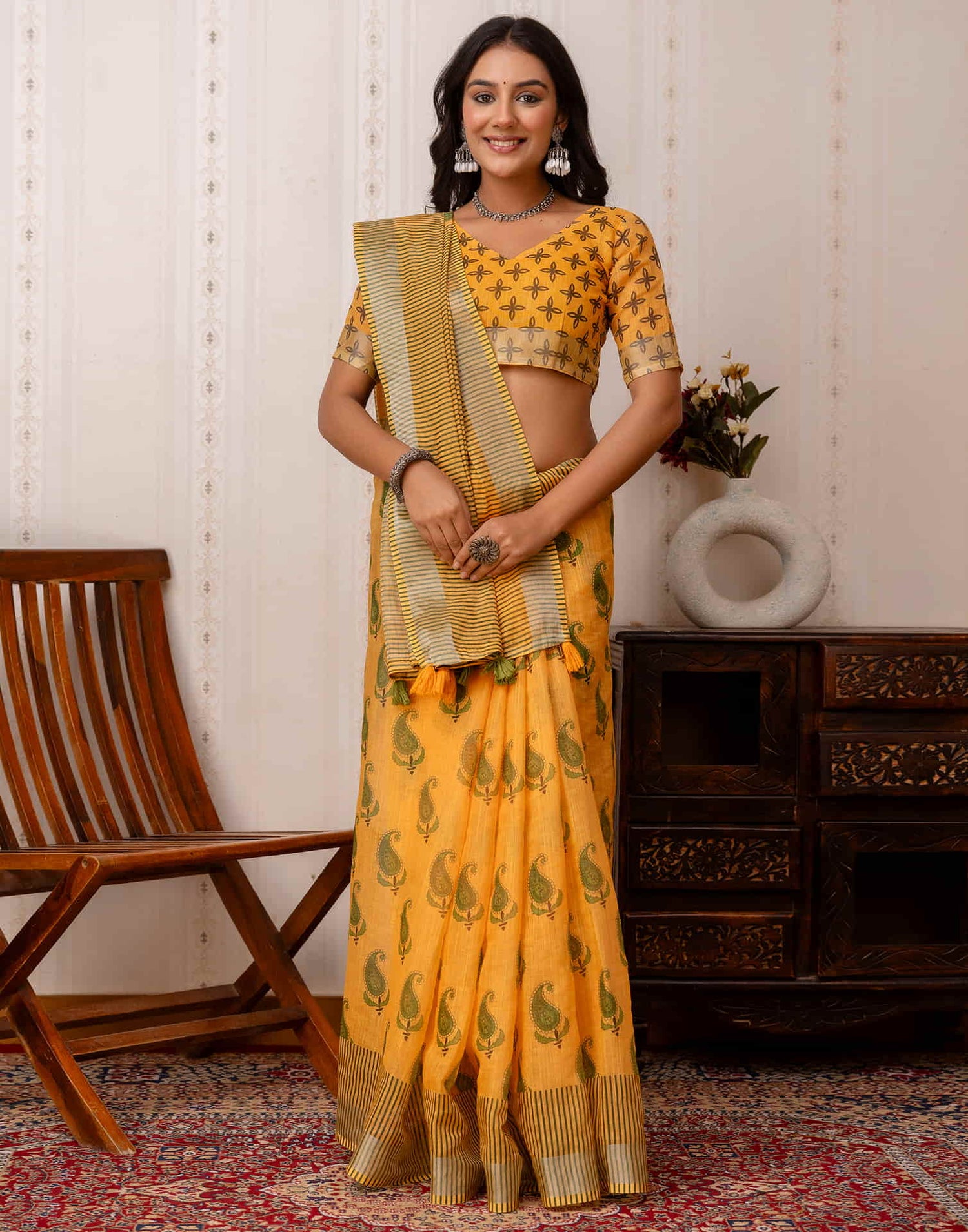 Yellow Cotton Printed Saree