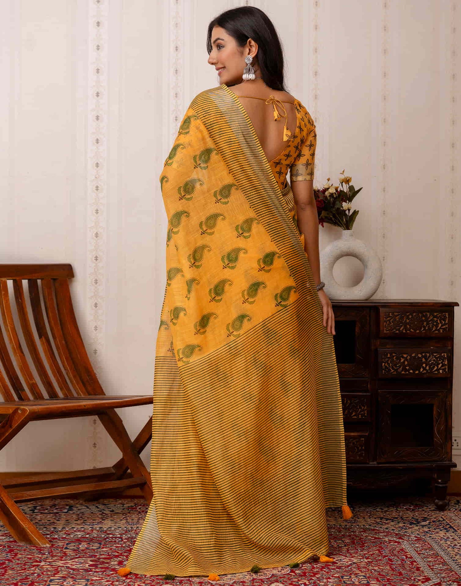 Yellow Cotton Printed Saree