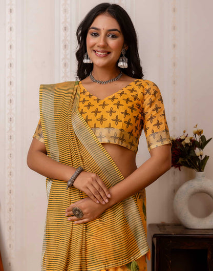 Yellow Cotton Printed Saree