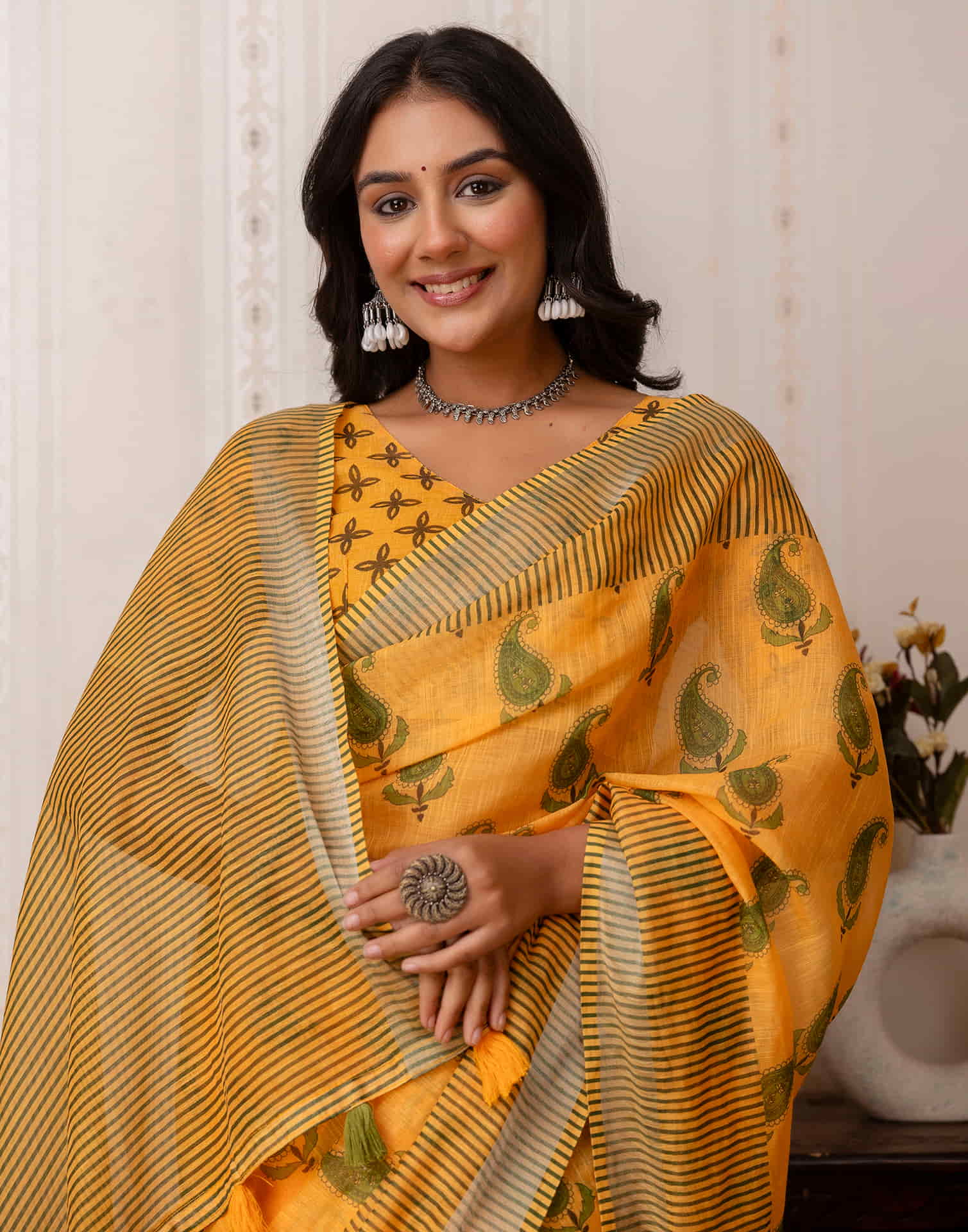 Yellow Cotton Printed Saree