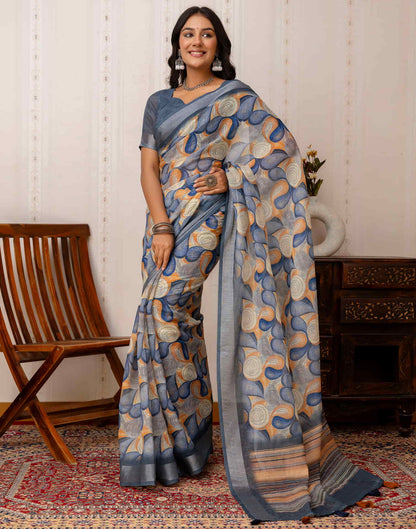 Dusty Blue Cotton Printed Saree