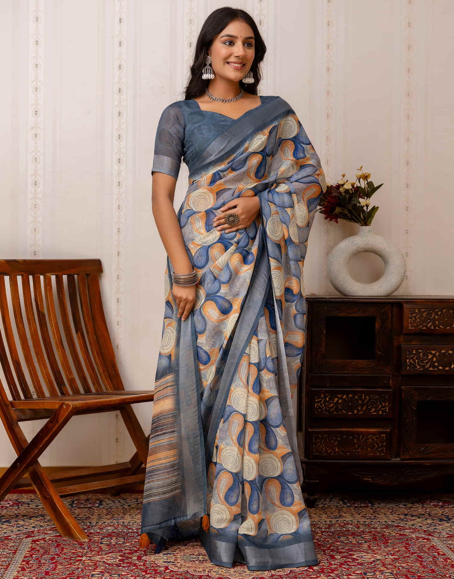 Dusty Blue Cotton Printed Saree