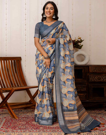 Dusty Blue Cotton Printed Saree