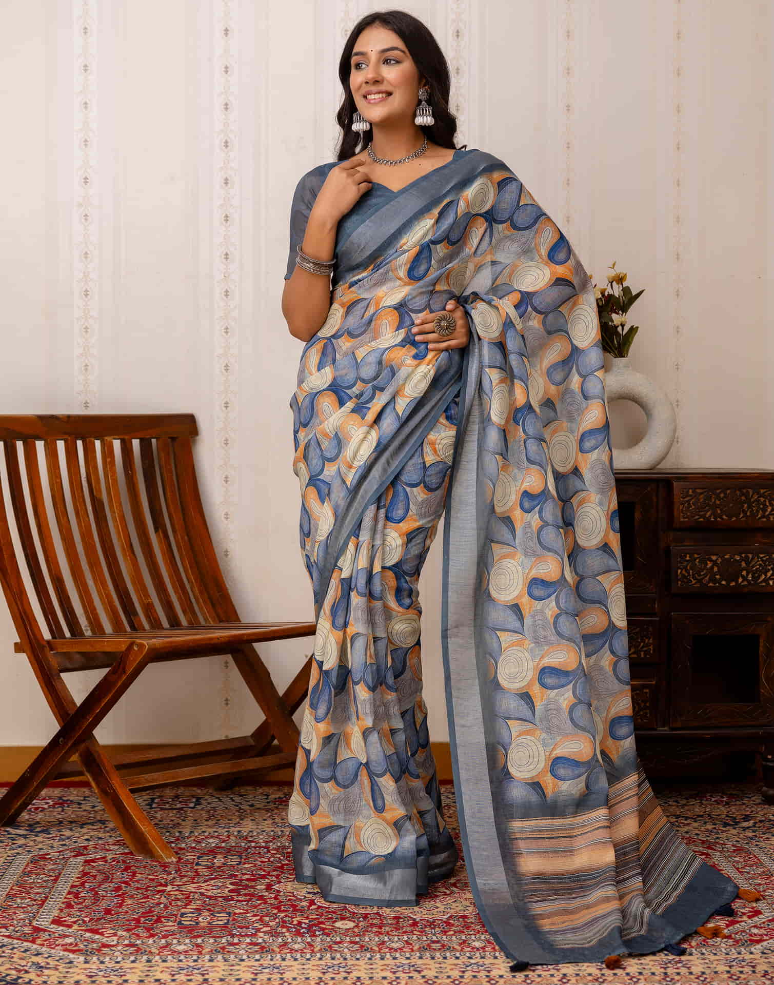 Dusty Blue Cotton Printed Saree