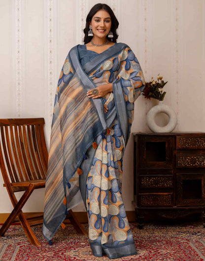 Dusty Blue Cotton Printed Saree