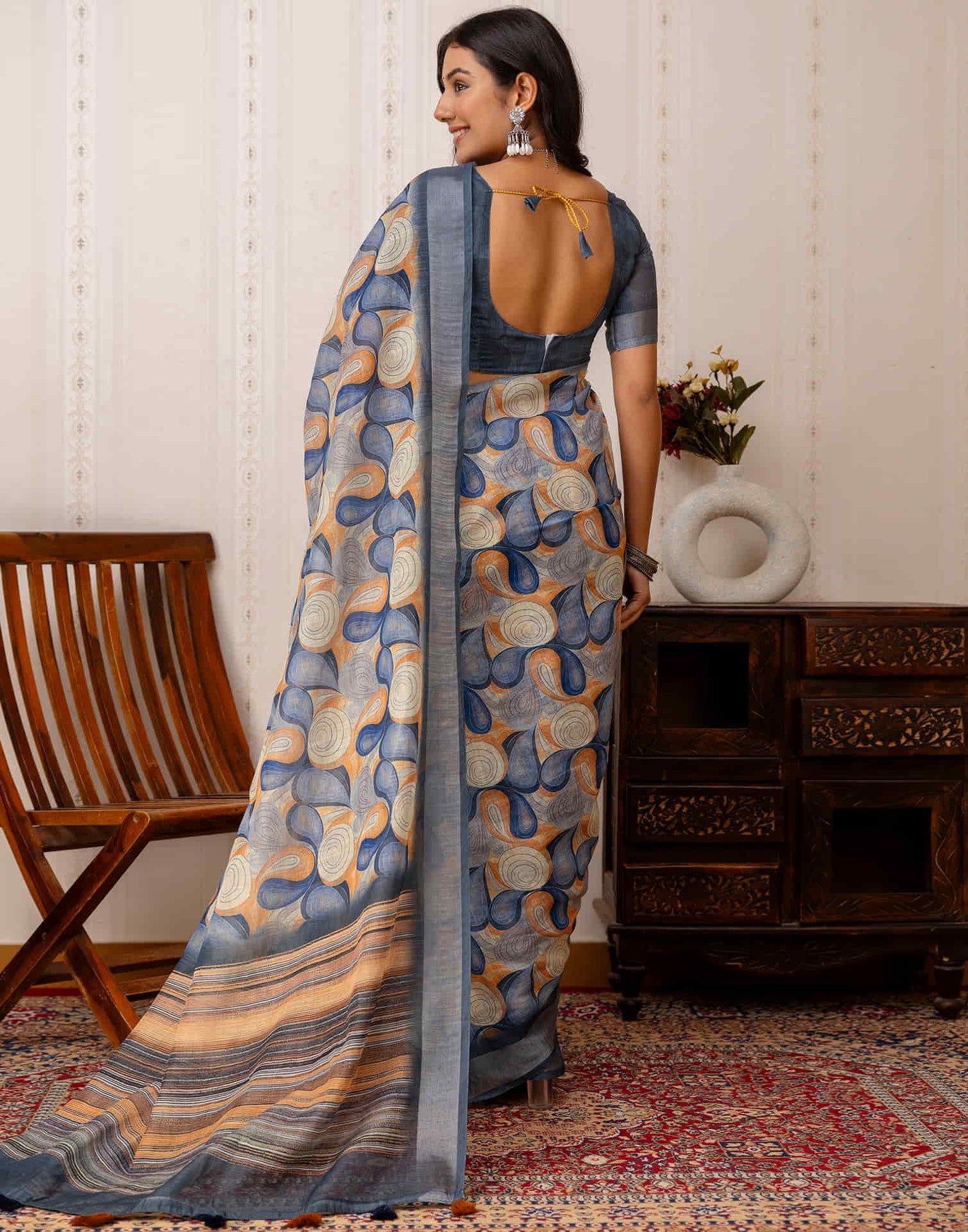 Dusty Blue Cotton Printed Saree