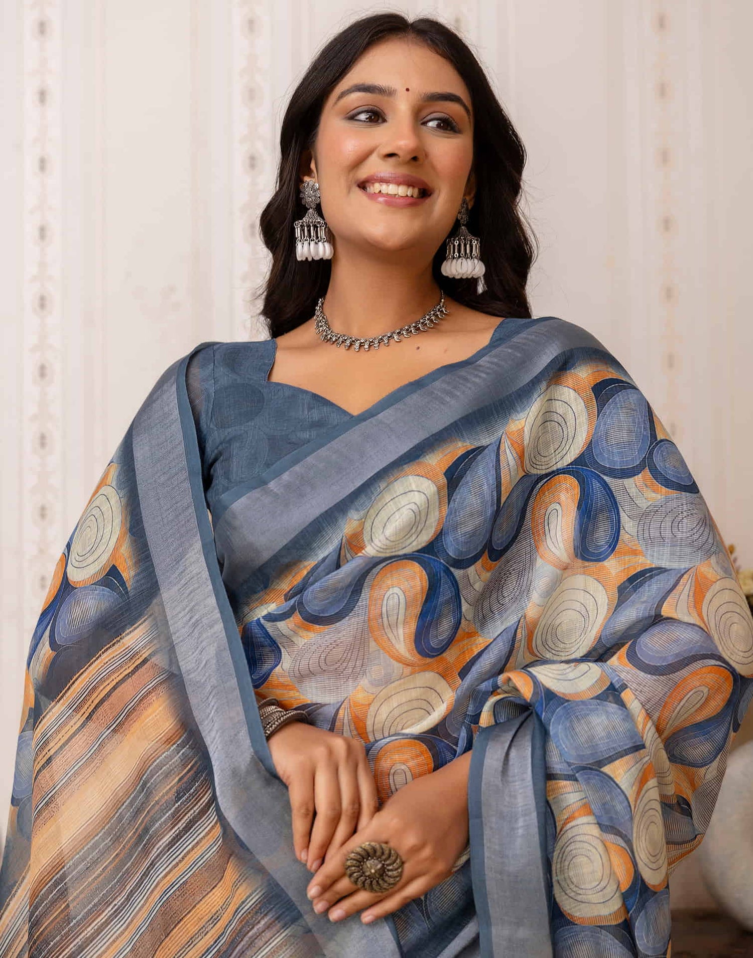 Dusty Blue Cotton Printed Saree