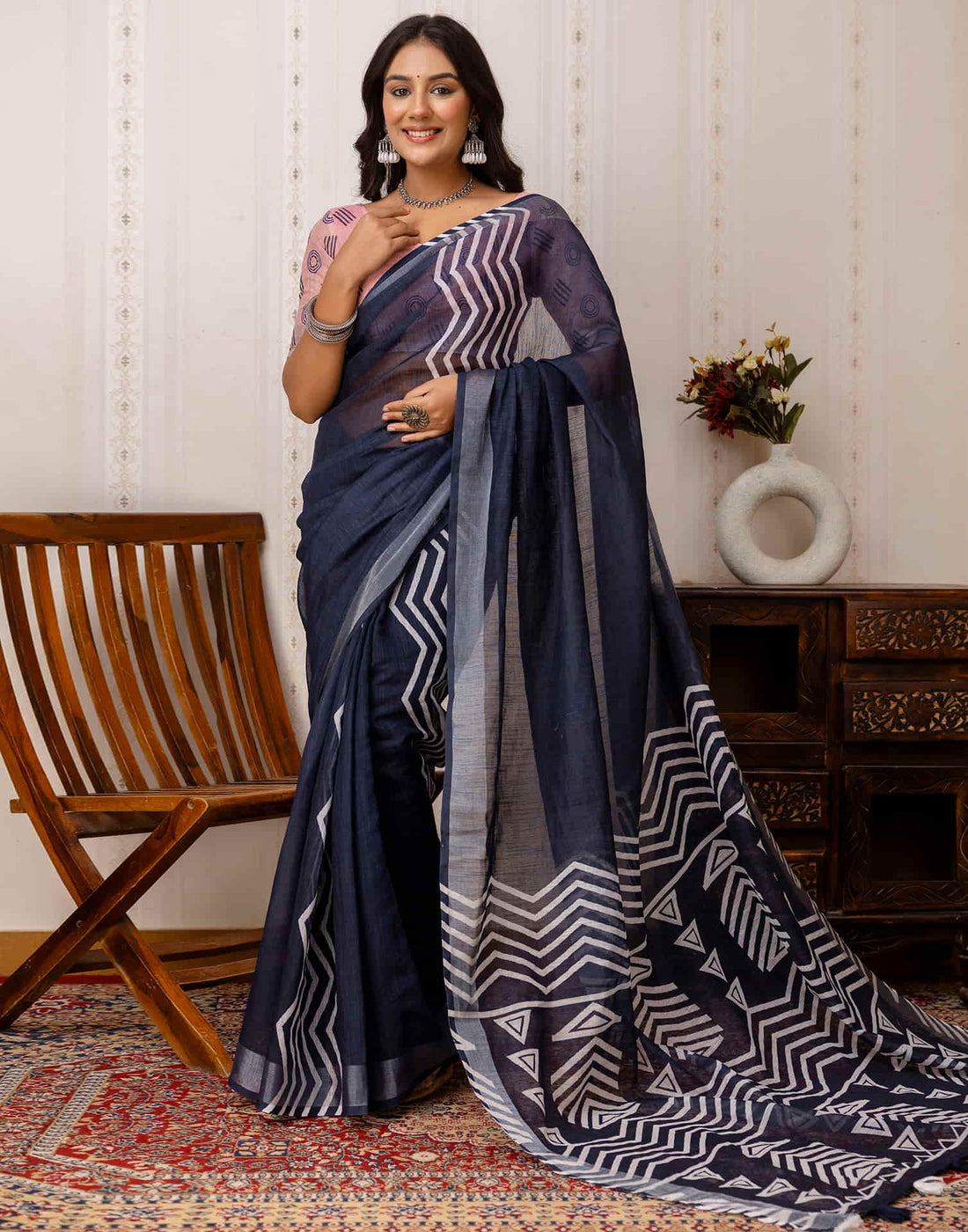 Navy Blue Cotton Printed Saree