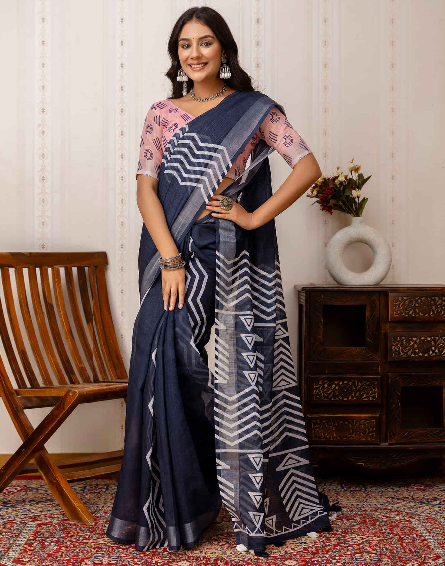 Navy Blue Cotton Printed Saree