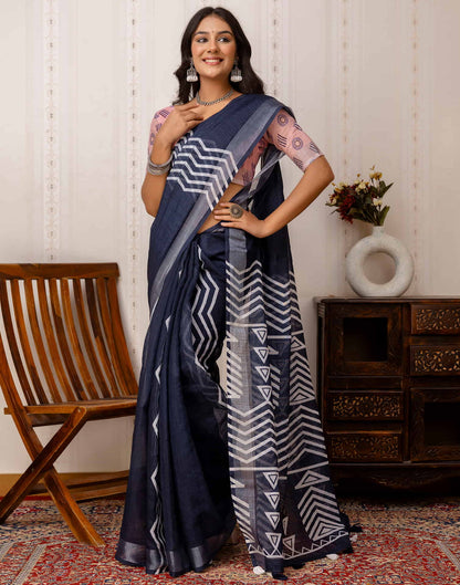 Navy Blue Cotton Printed Saree