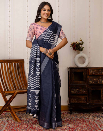 Navy Blue Cotton Printed Saree