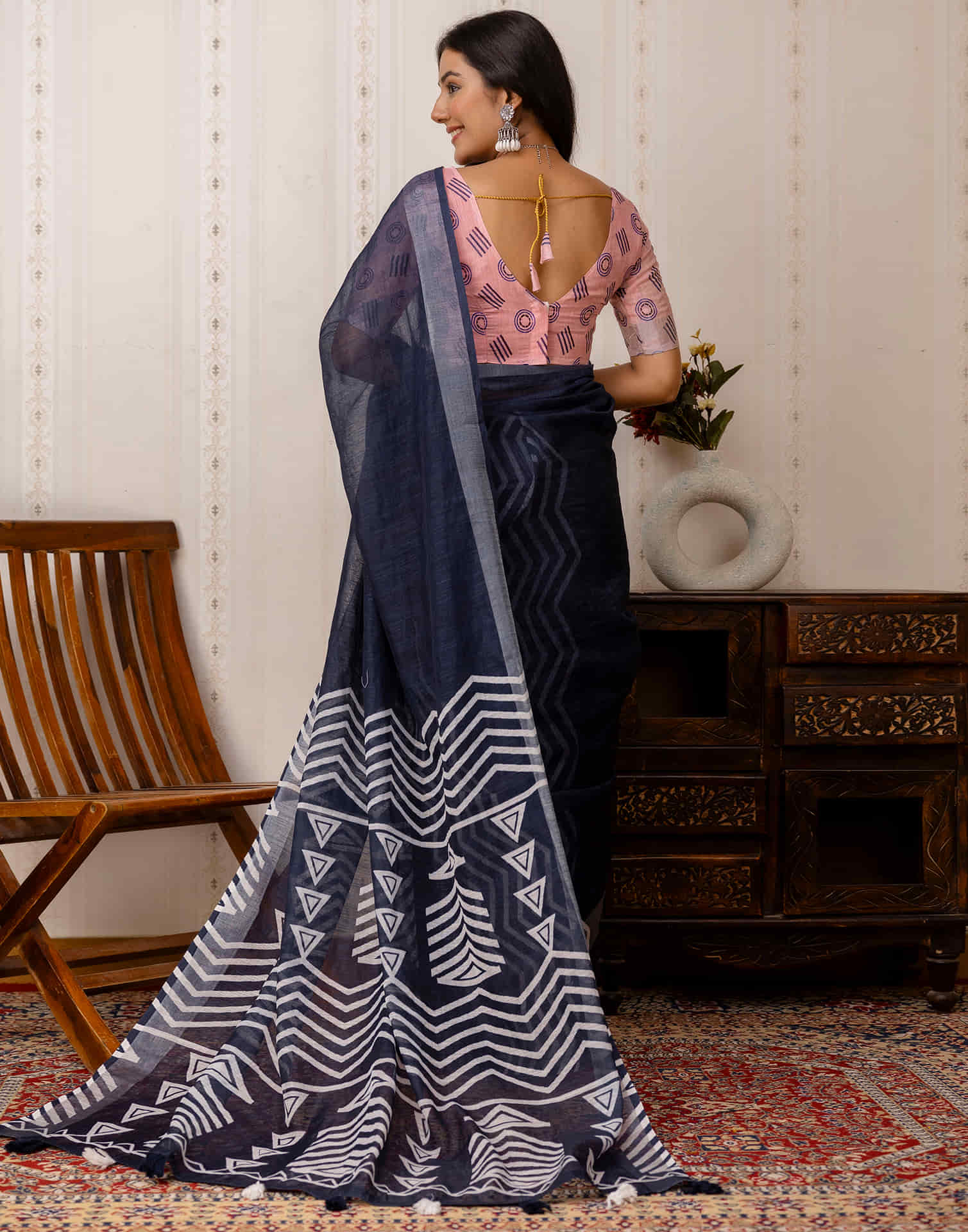 Navy Blue Cotton Printed Saree