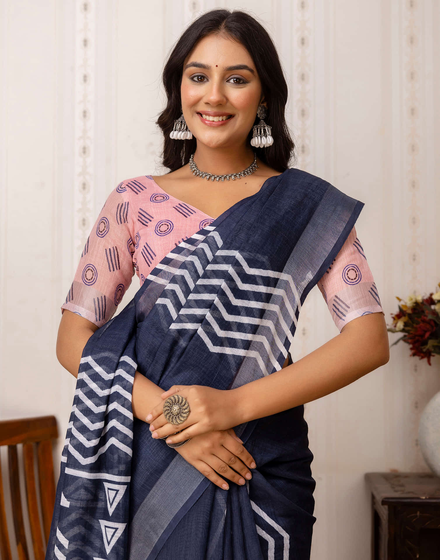 Navy Blue Cotton Printed Saree