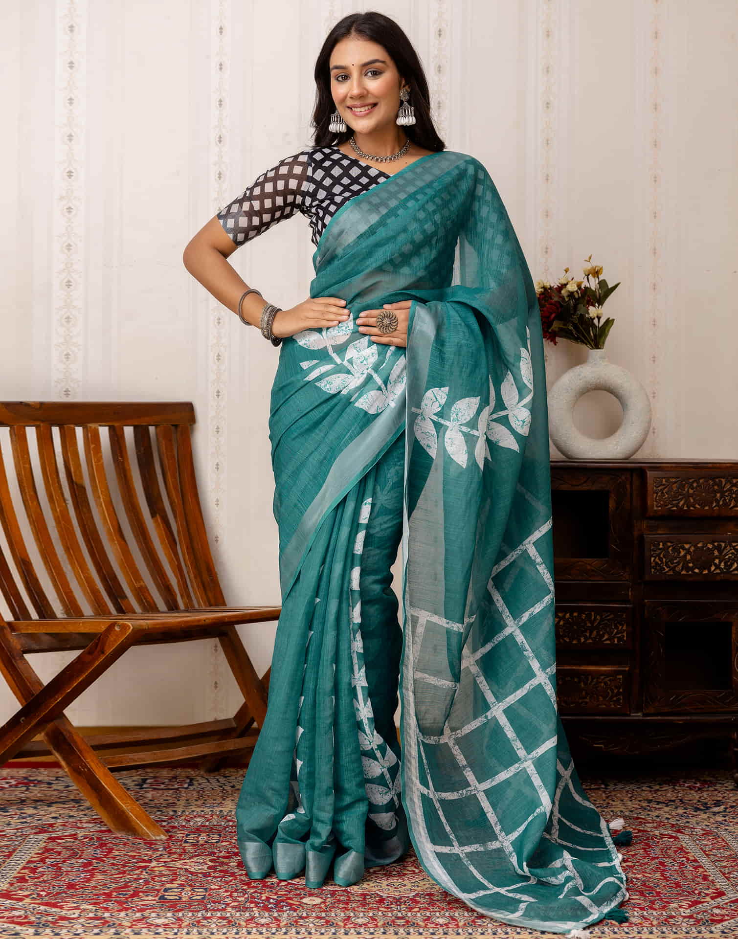 Rama Green Cotton Printed Saree