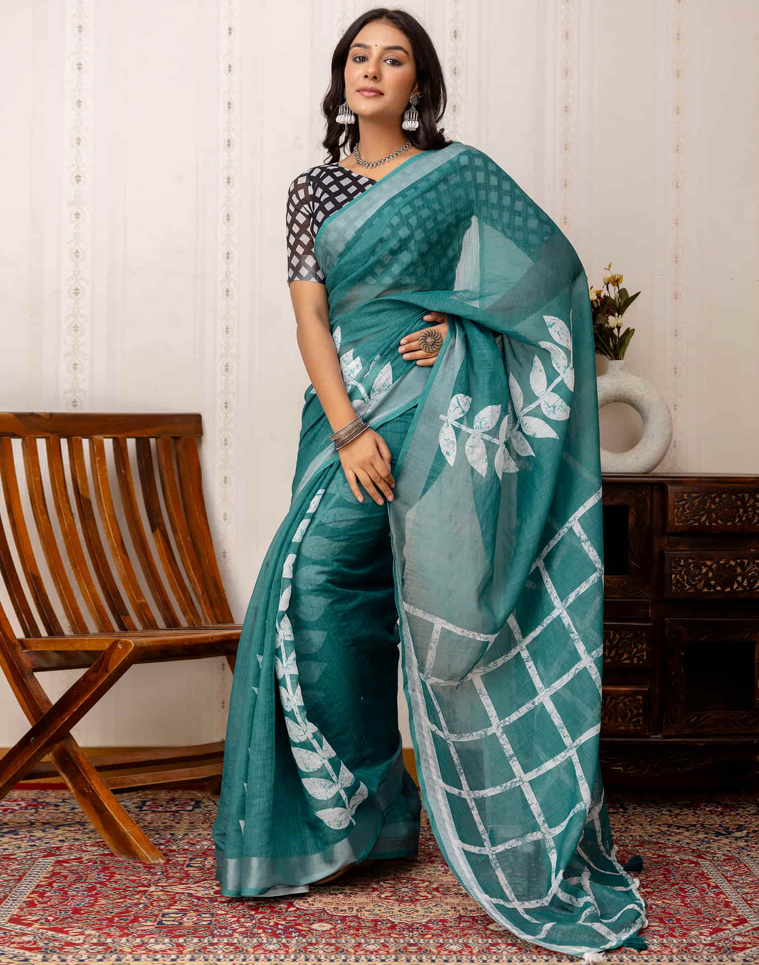 Rama Green Cotton Printed Saree