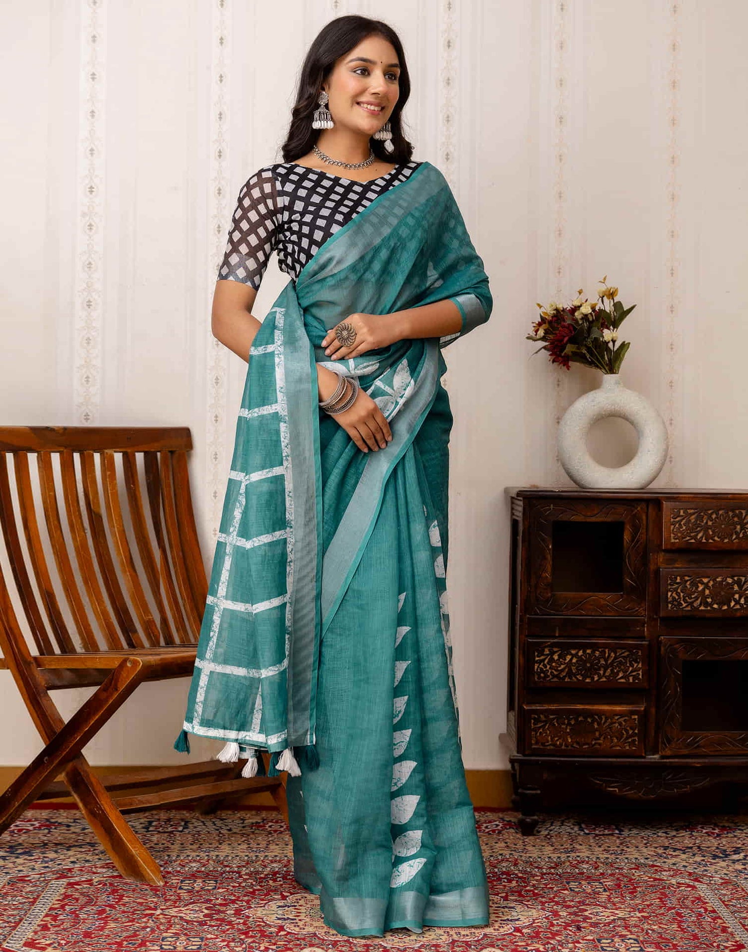 Rama Green Cotton Printed Saree