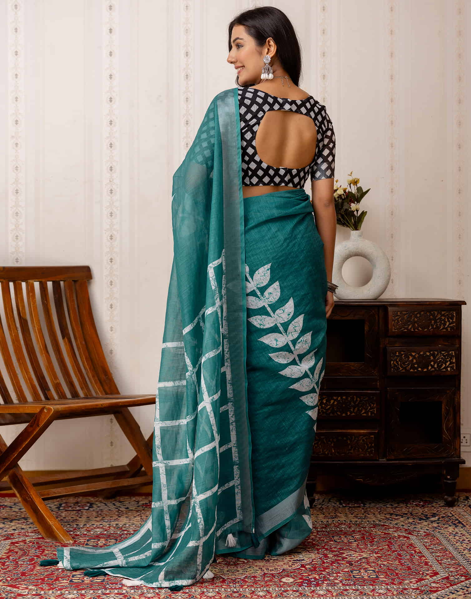 Rama Green Cotton Printed Saree