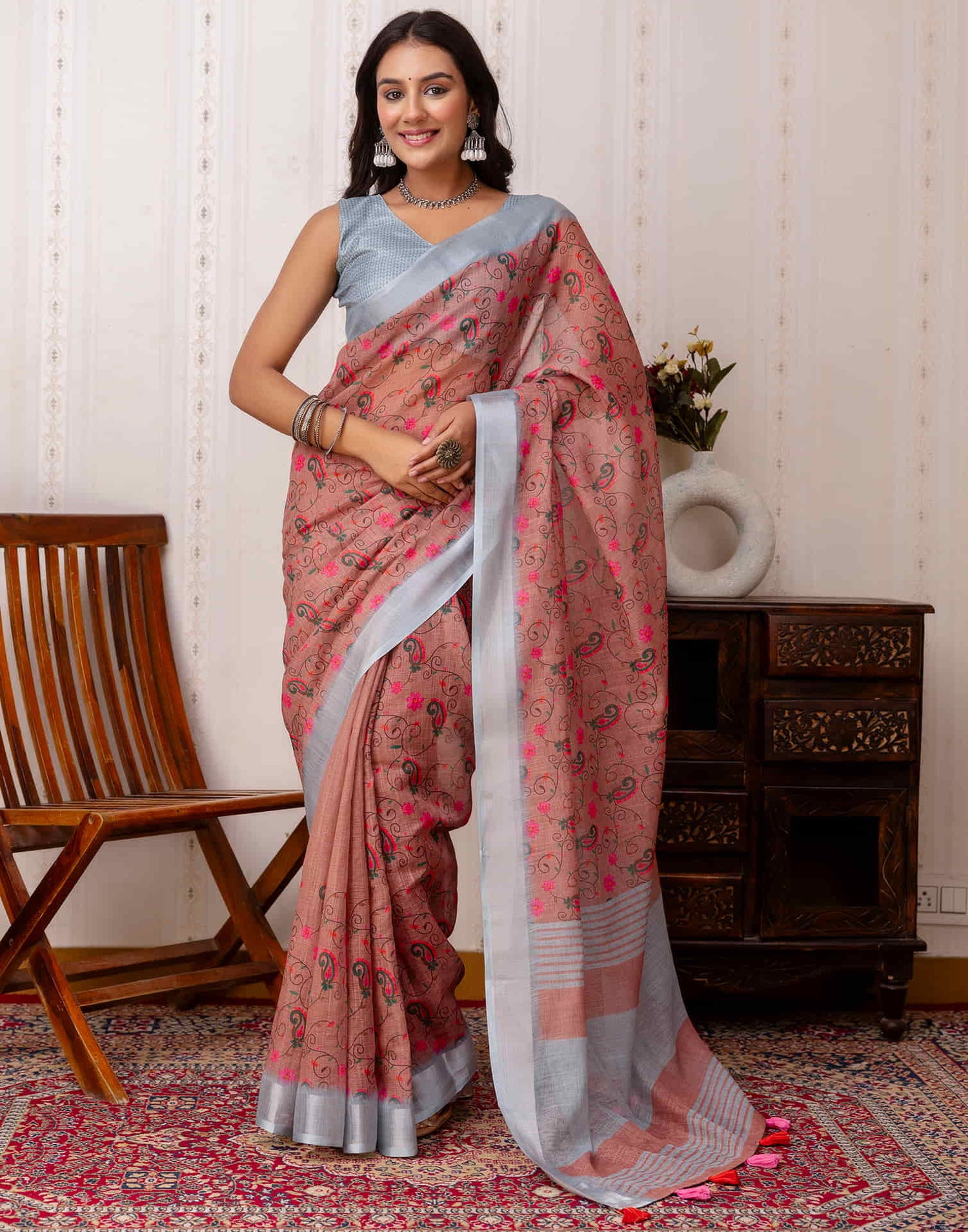 Brown Cotton Printed Saree