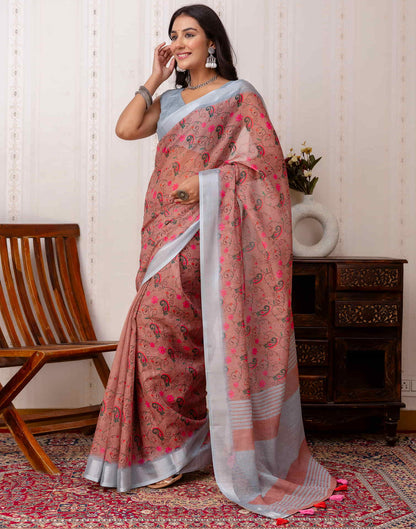 Brown Cotton Printed Saree