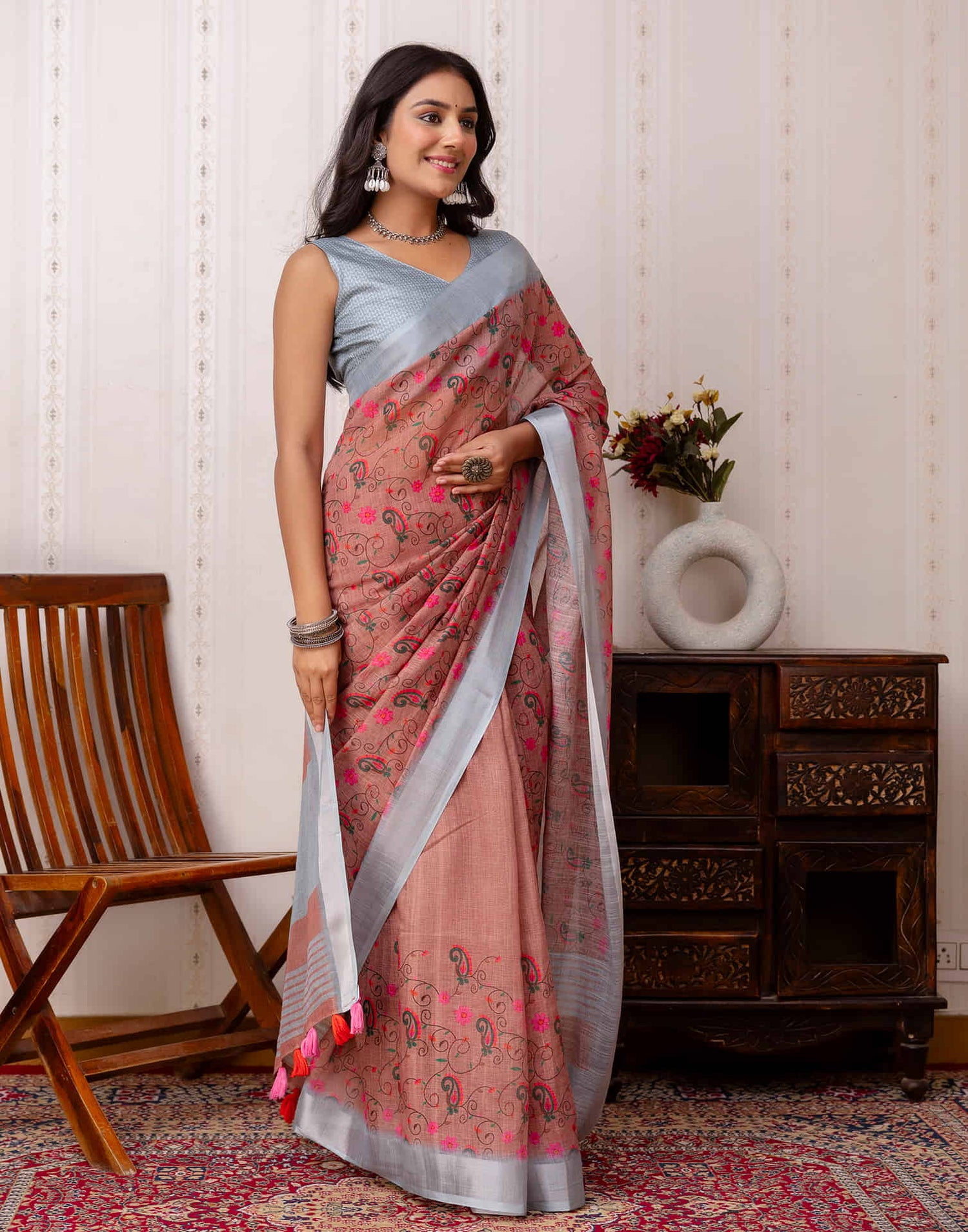 Brown Cotton Printed Saree