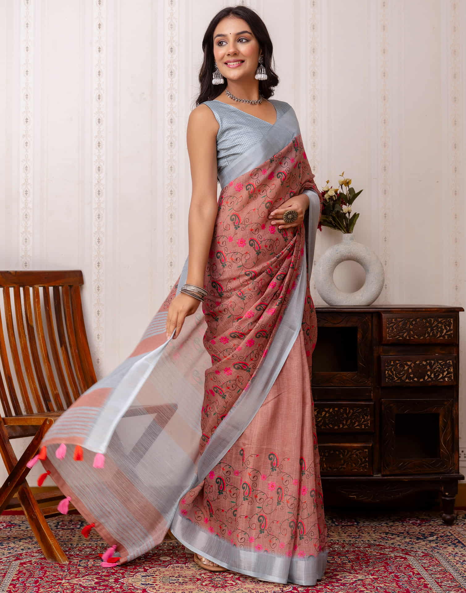 Brown Cotton Printed Saree