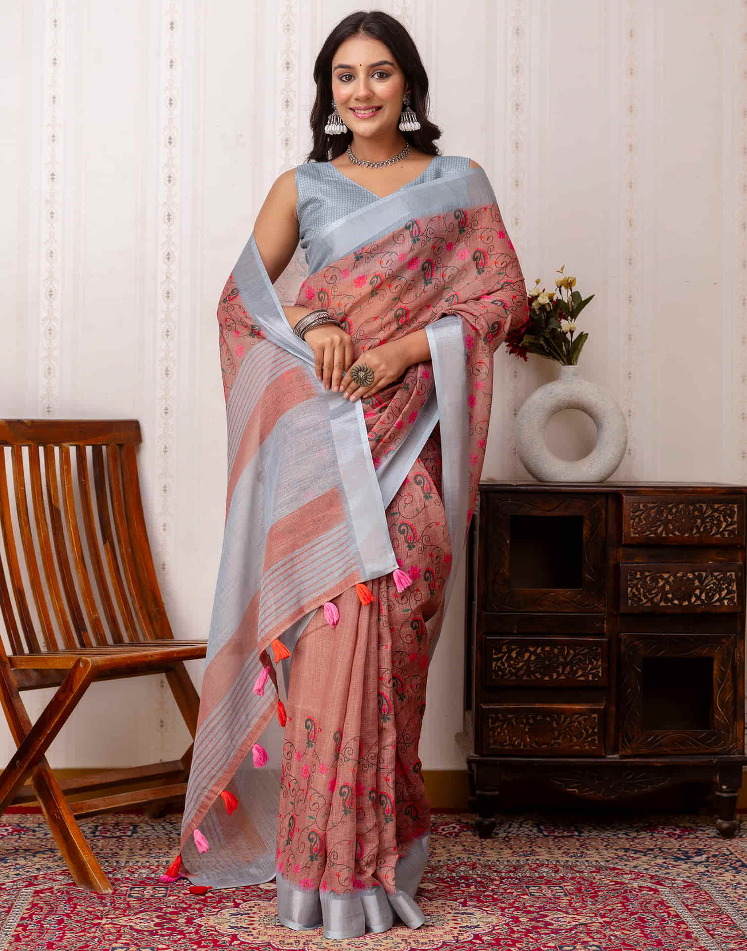 Brown Cotton Printed Saree