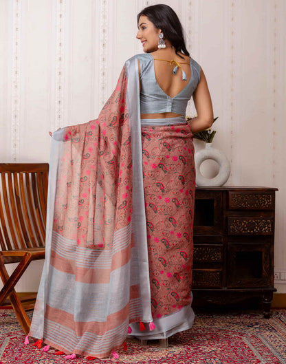 Brown Cotton Printed Saree