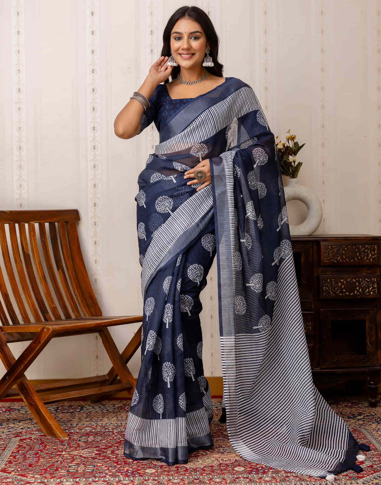 Navy Blue Cotton Printed Saree