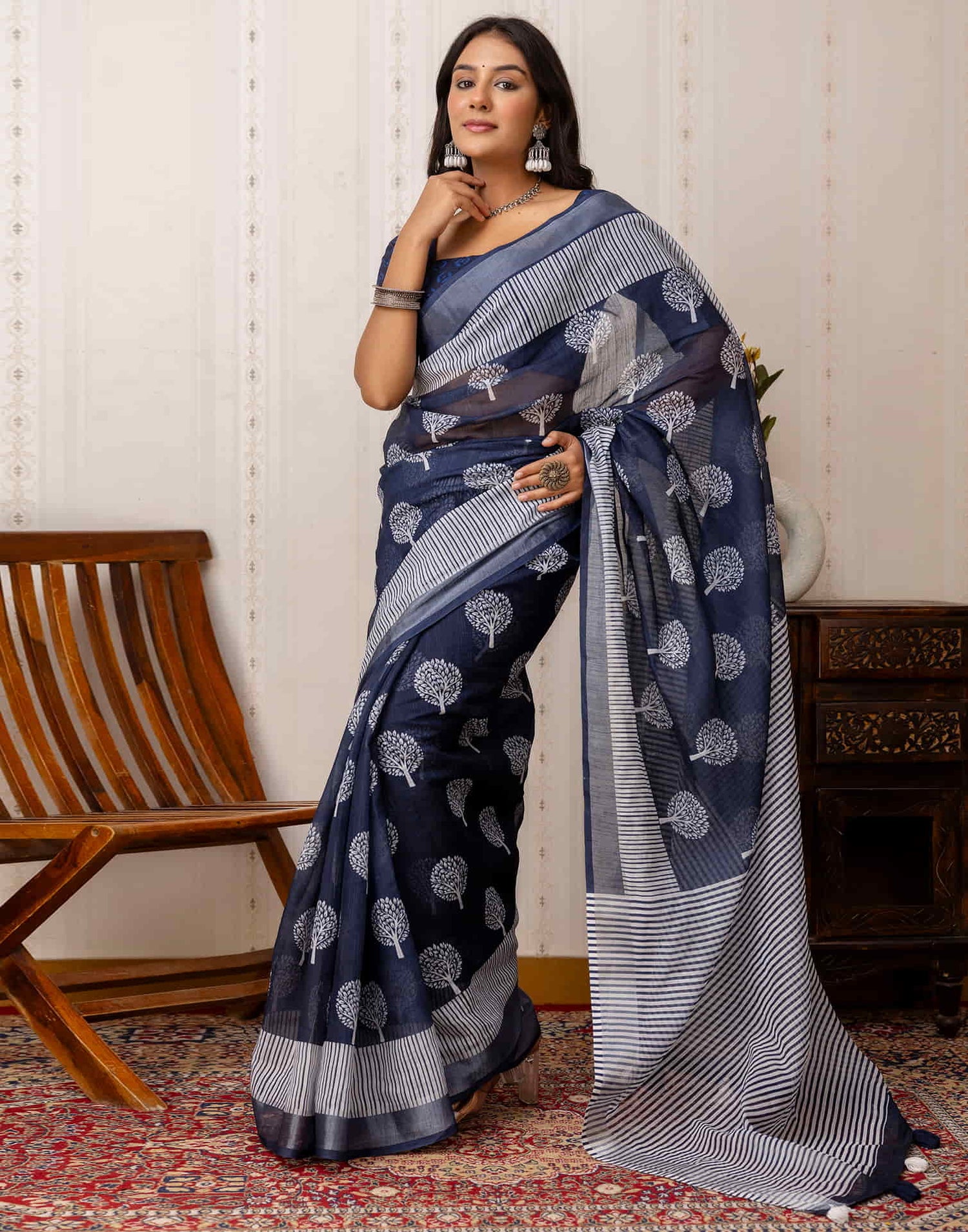 Navy Blue Cotton Printed Saree