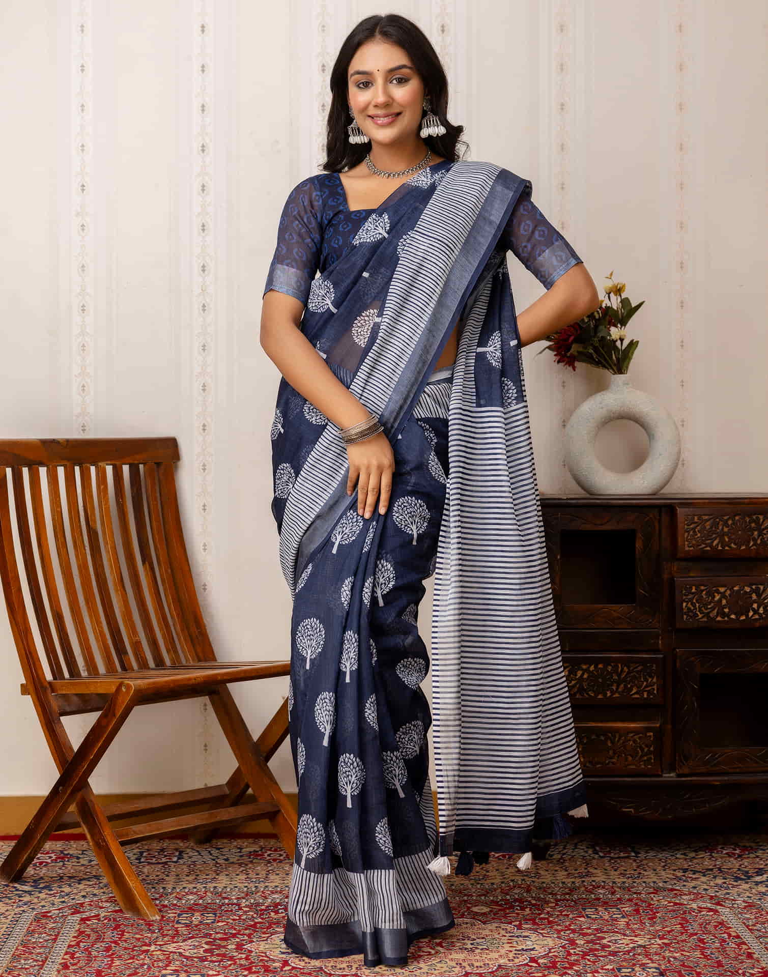 Navy Blue Cotton Printed Saree