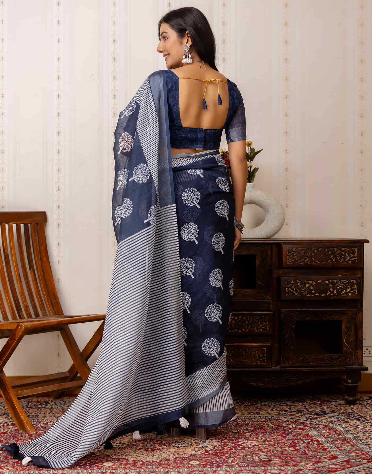 Navy Blue Cotton Printed Saree