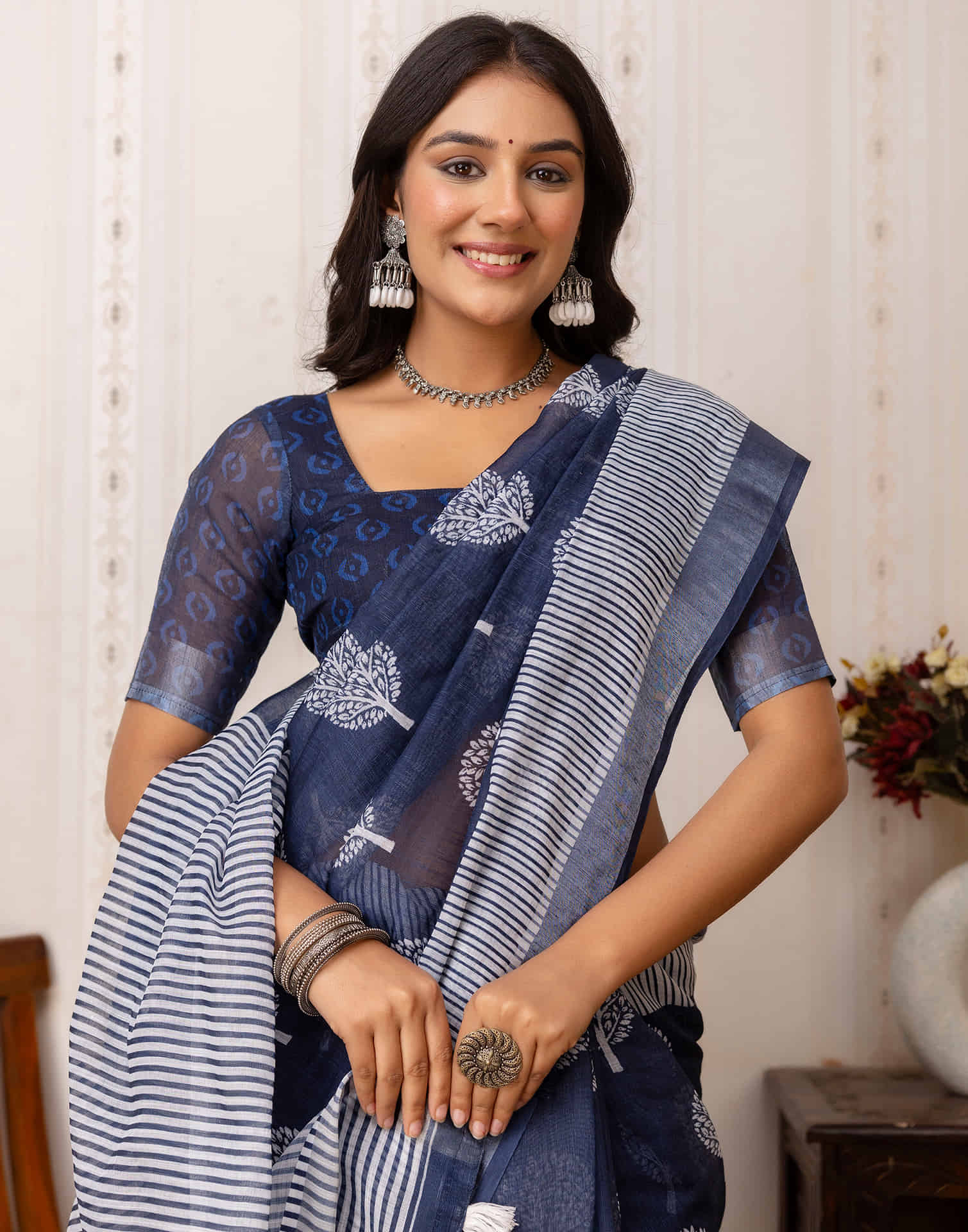 Navy Blue Cotton Printed Saree