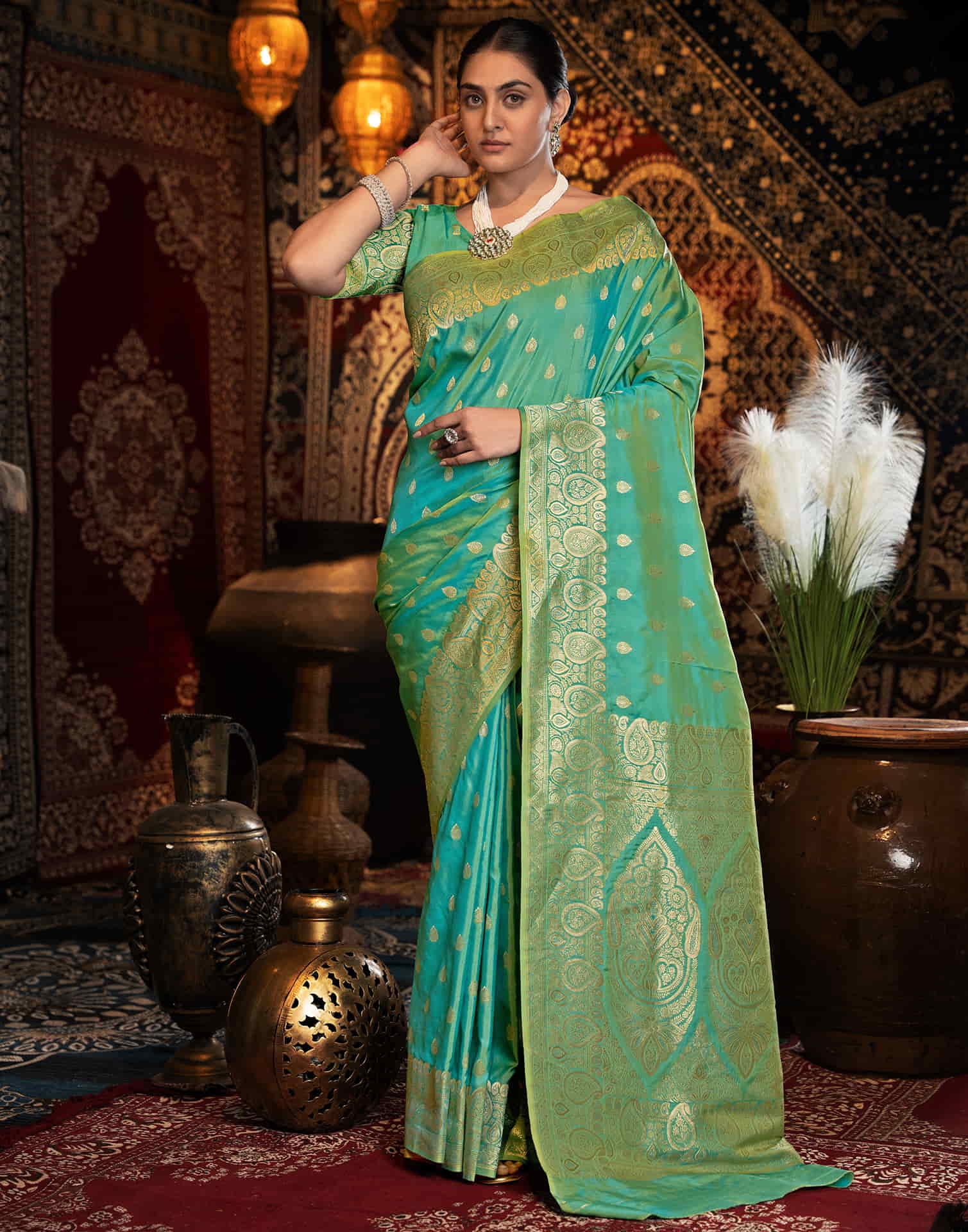 Teal Green Silk Weaving Banarasi Saree