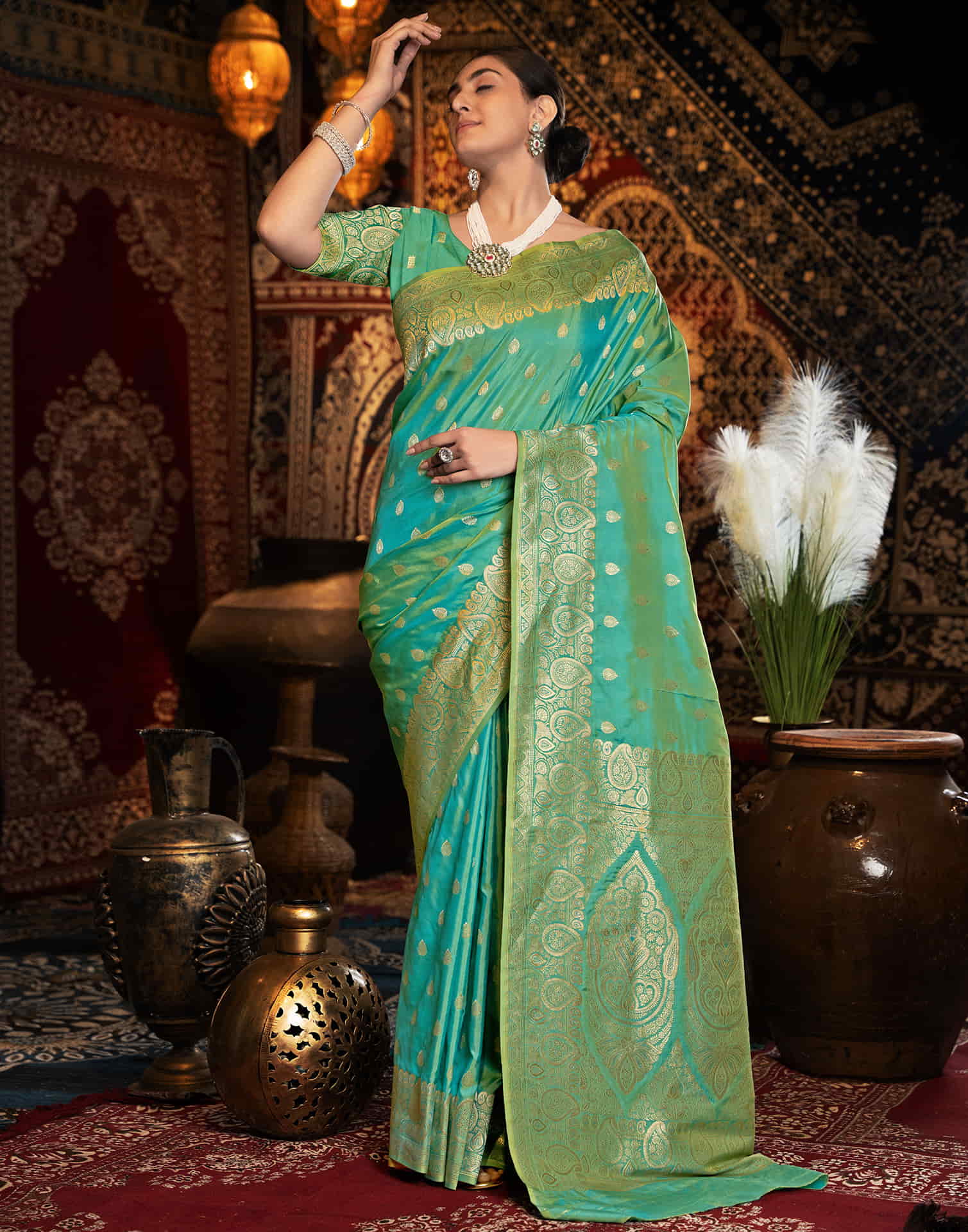 Teal Green Silk Weaving Banarasi Saree