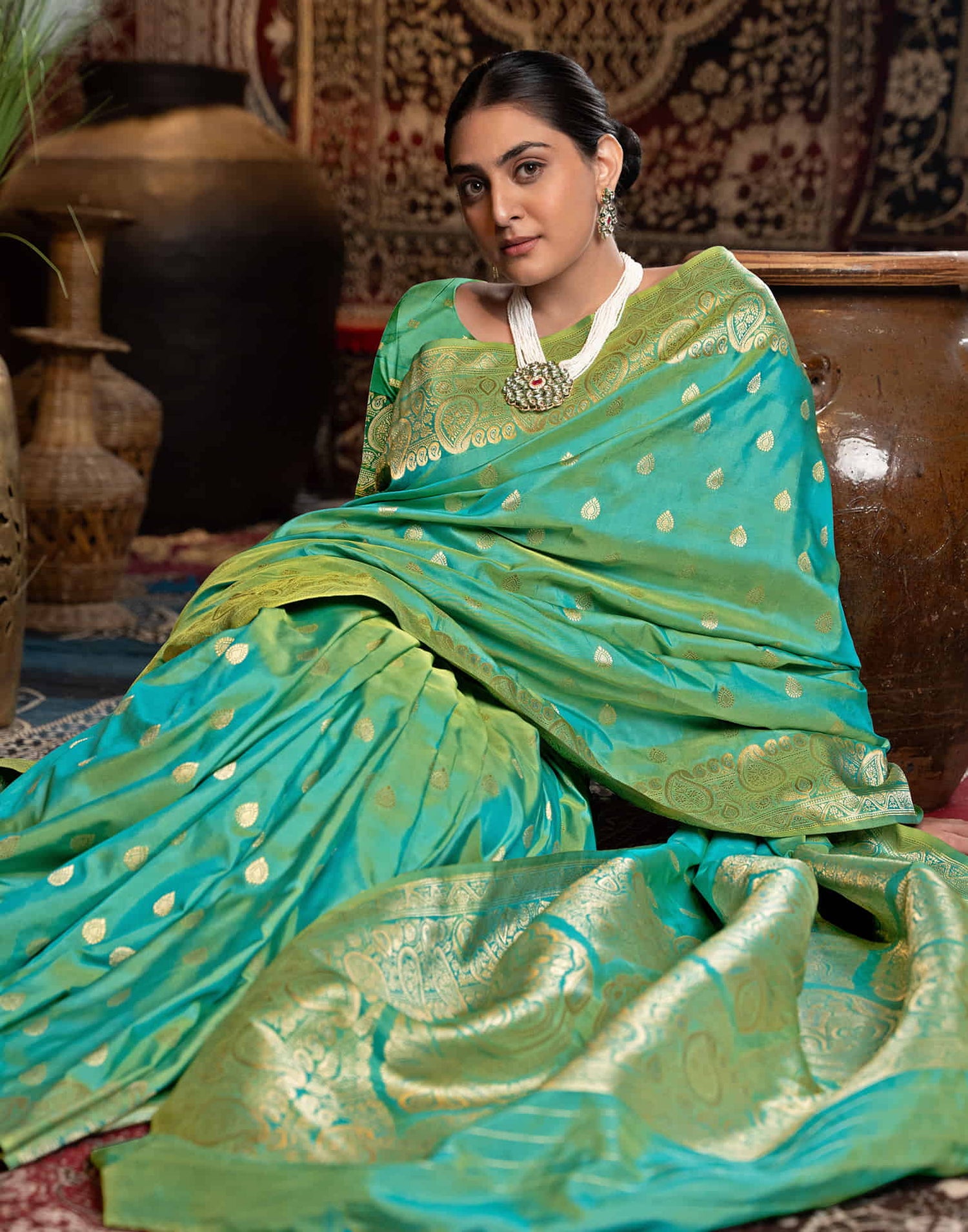 Teal Green Silk Weaving Banarasi Saree