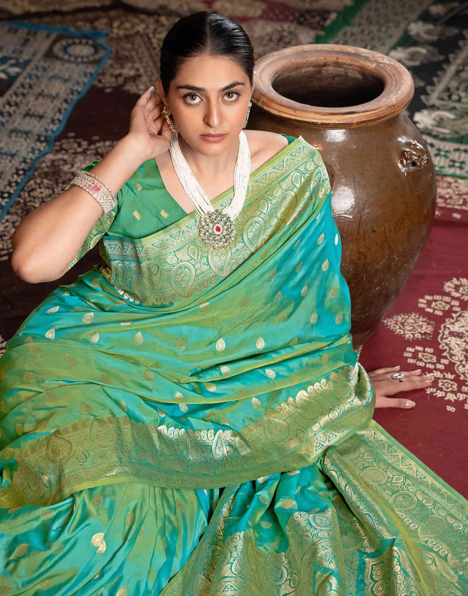 Teal Green Silk Weaving Banarasi Saree