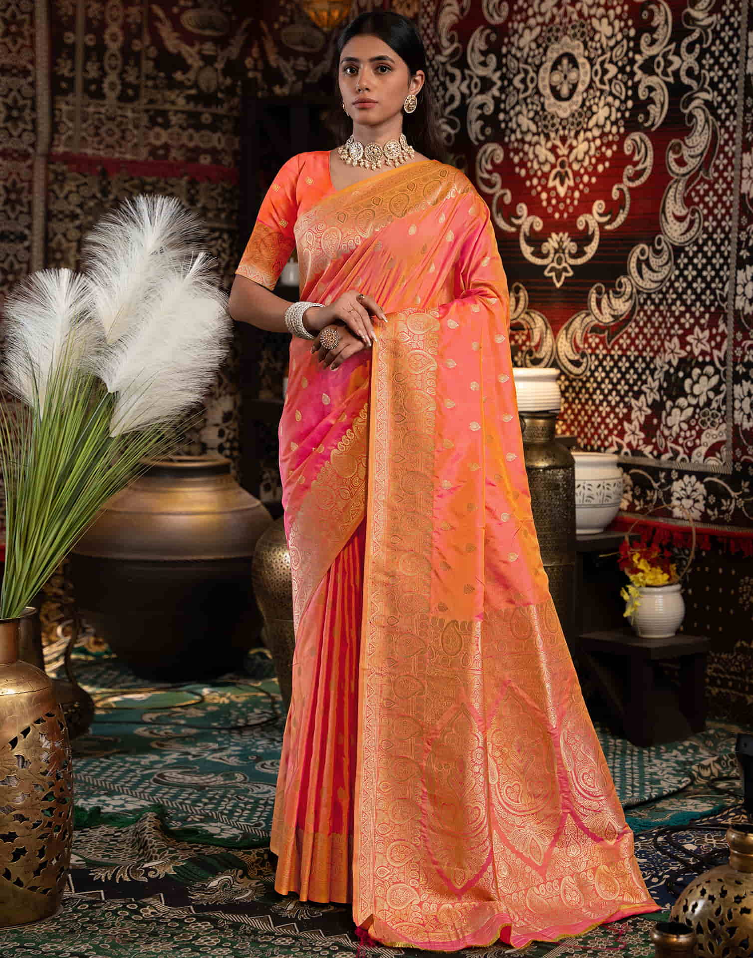 Orange Silk Weaving Banarasi Saree