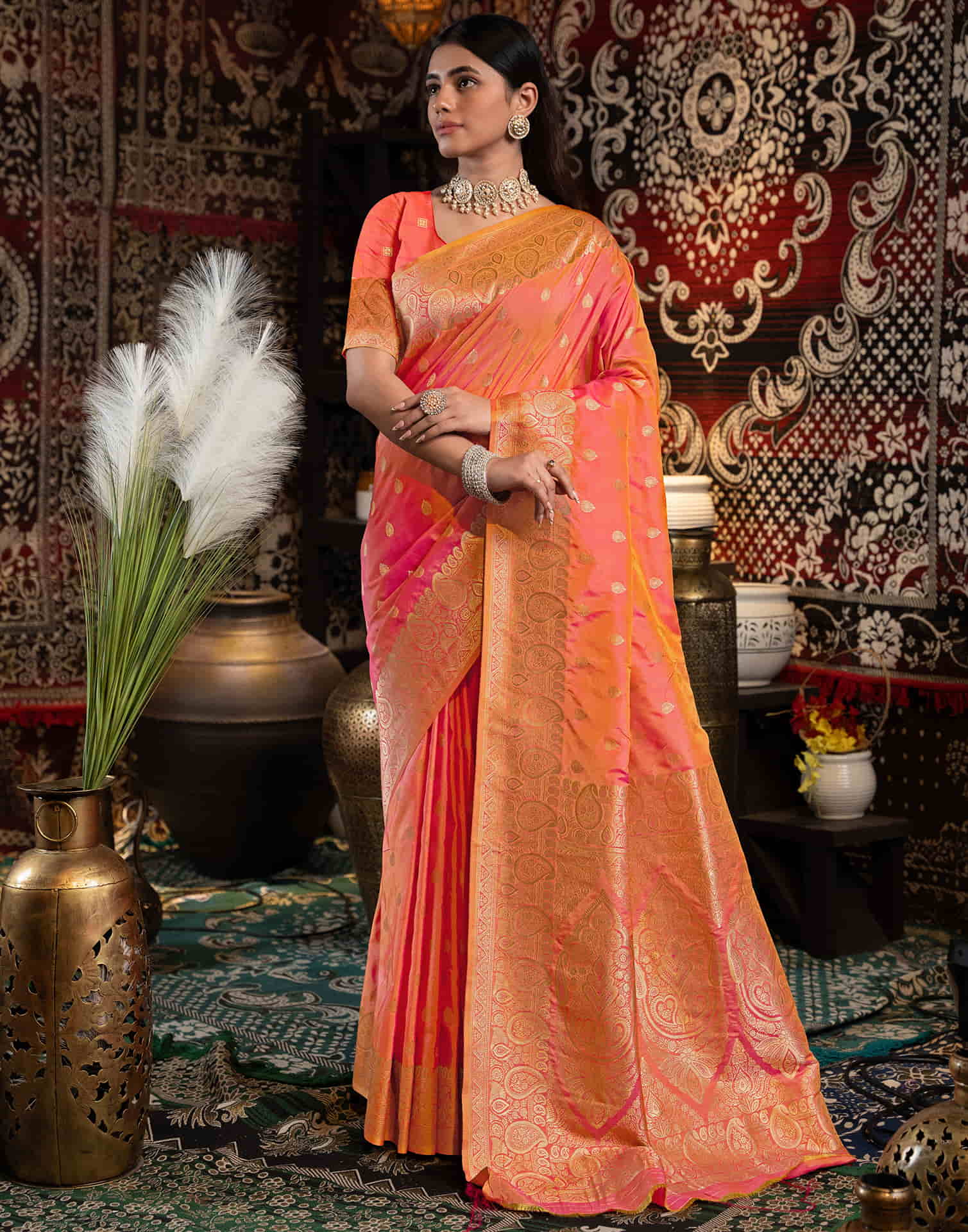 Orange Silk Weaving Banarasi Saree