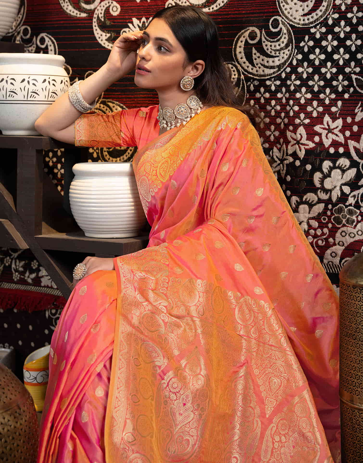 Orange Silk Weaving Banarasi Saree