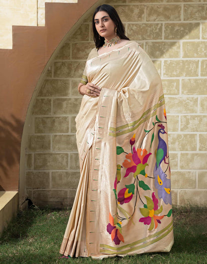 Cream Silk Weaving Paithani Saree