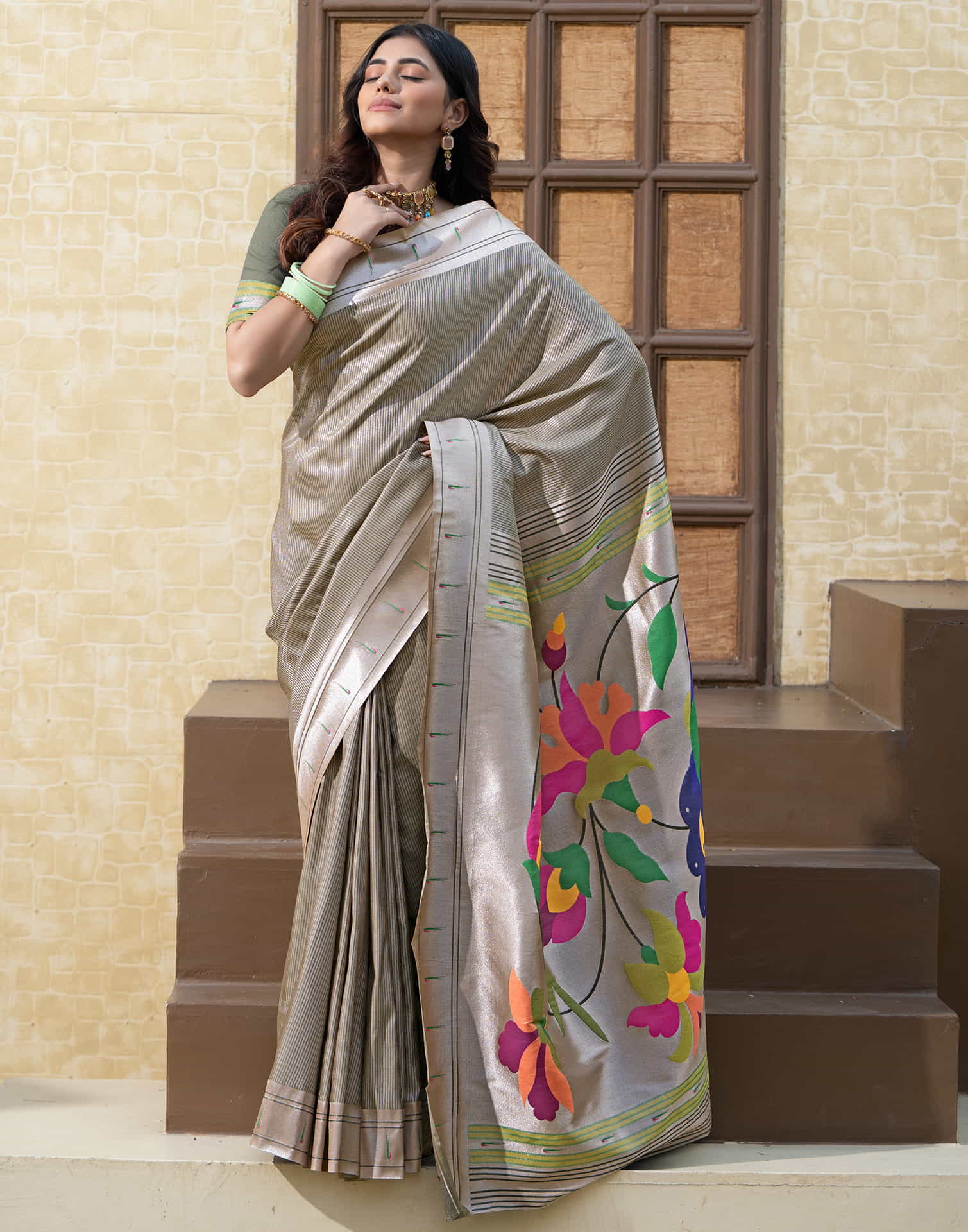 Stone Grey Silk Weaving Paithani Saree