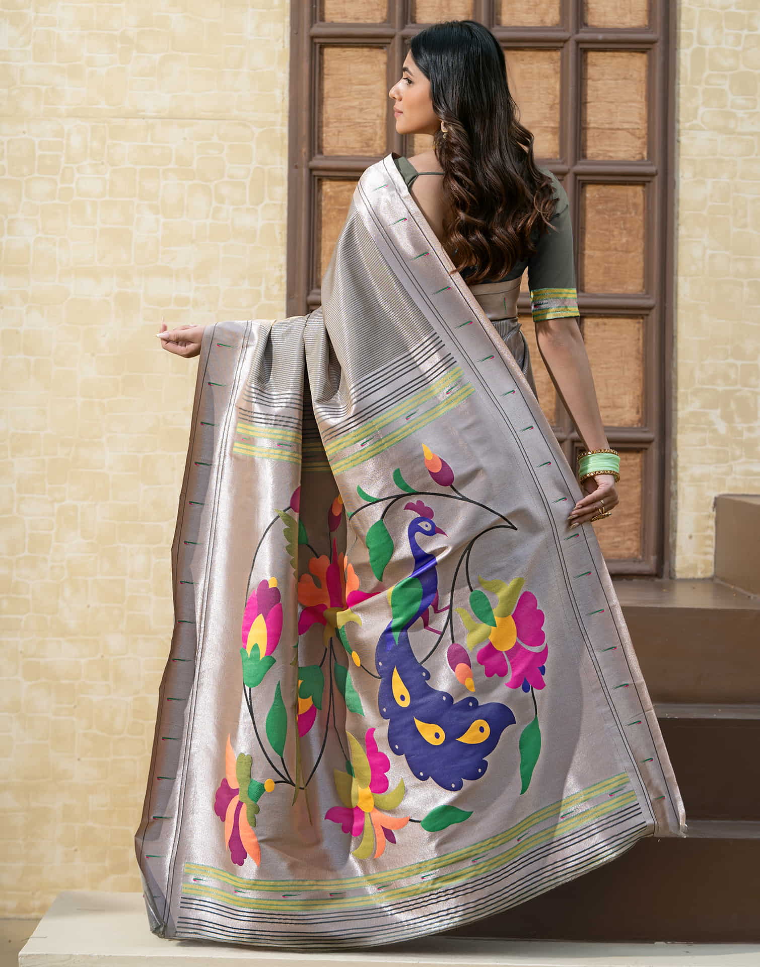 Stone Grey Silk Weaving Paithani Saree