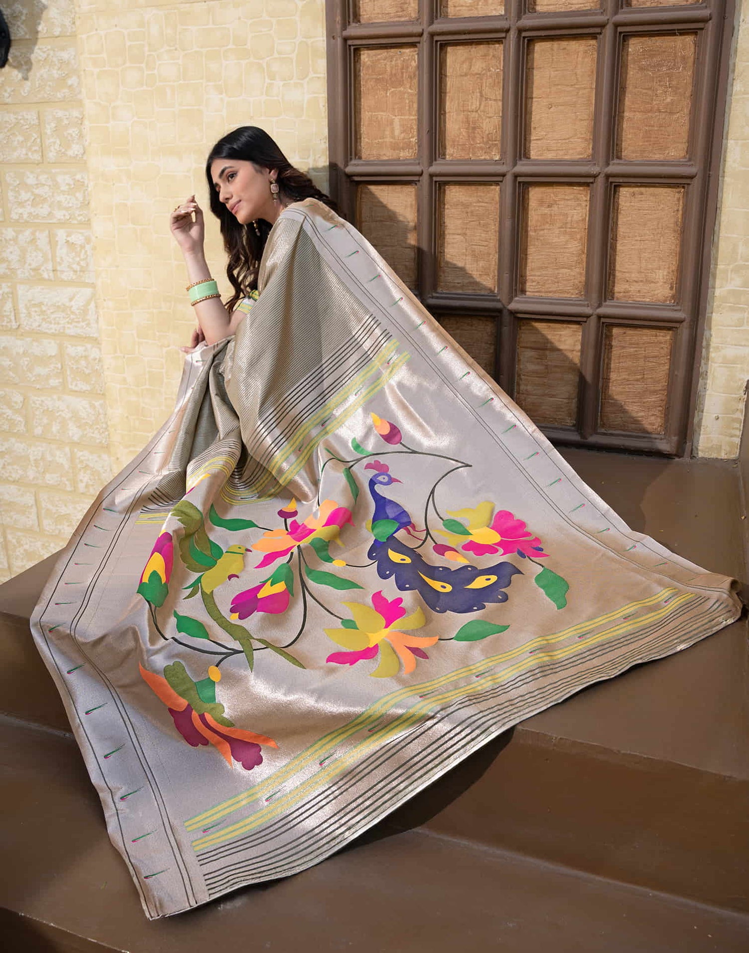 Stone Grey Silk Weaving Paithani Saree