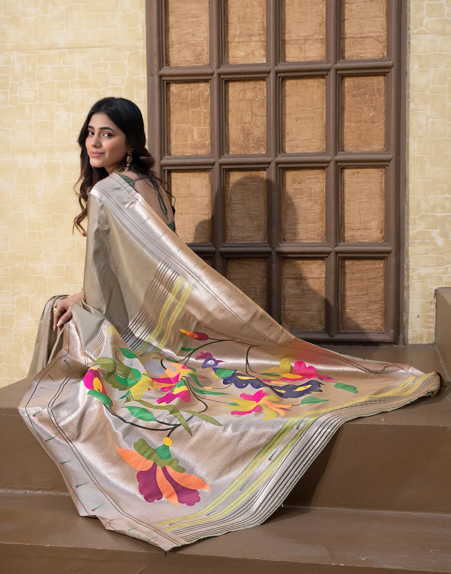 Stone Grey Silk Weaving Paithani Saree